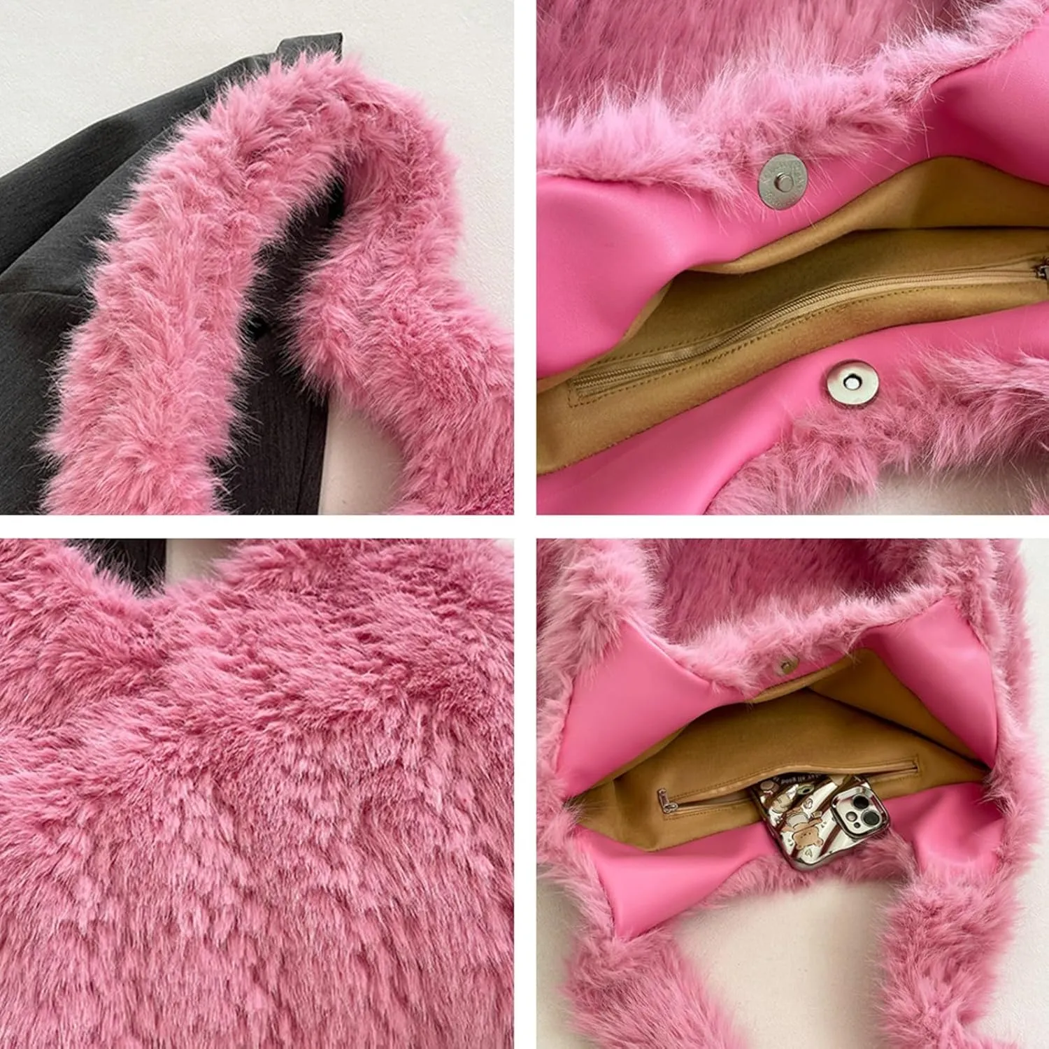 2024 Winter Fall Plush Shoulder Bag Women Fuzzy Tote Soft Faux Fur Handbag Magnetic Closure Small Zip Pocket