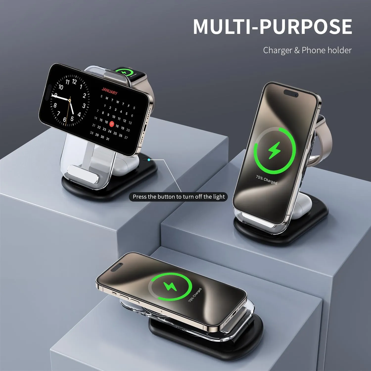 2025 Magnetic Wireless Mag-Safe Charger Stand,3 in 1 Charger with Light for iPhone 16 15 14 13 12 Pro Max Plus,Charging Pad for Apple Watch Series & Air pods 4 3 2 Pro(Black)