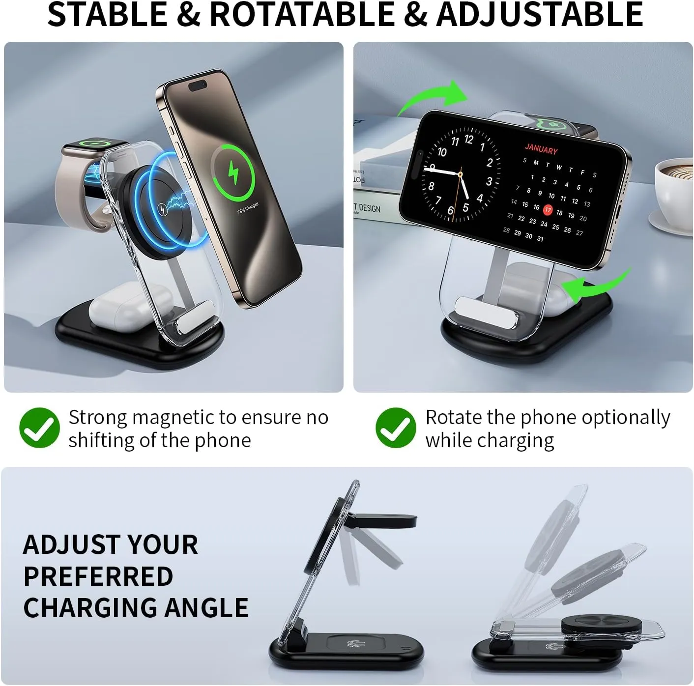 2025 Magnetic Wireless Mag-Safe Charger Stand,3 in 1 Charger with Light for iPhone 16 15 14 13 12 Pro Max Plus,Charging Pad for Apple Watch Series & Air pods 4 3 2 Pro(Black)