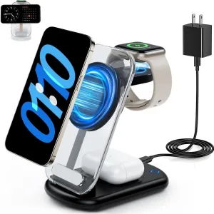 2025 Magnetic Wireless Mag-Safe Charger Stand,3 in 1 Charger with Light for iPhone 16 15 14 13 12 Pro Max Plus,Charging Pad for Apple Watch Series & Air pods 4 3 2 Pro(Black)