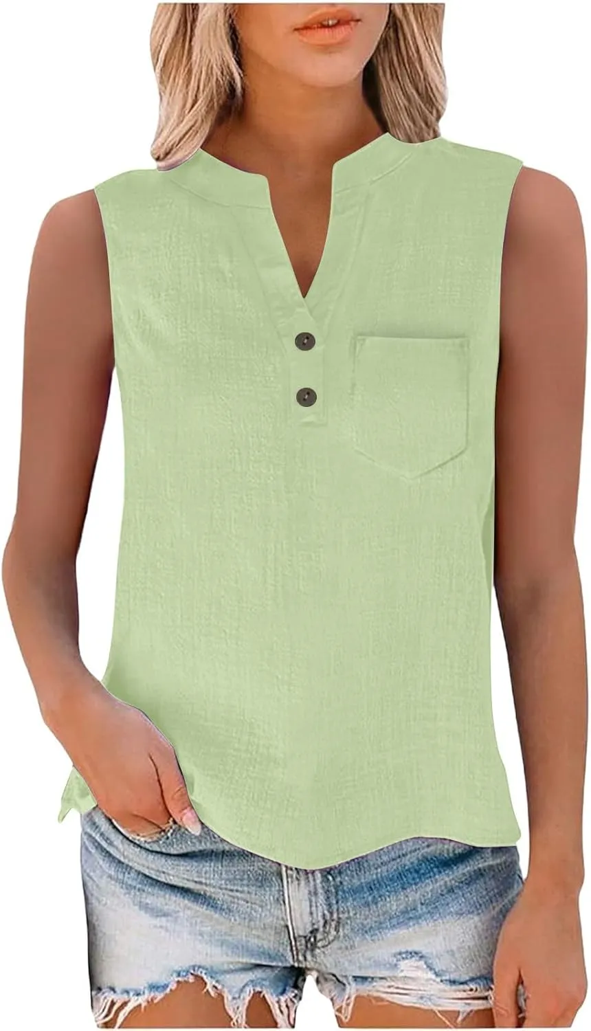 2025 Summer V Neck Button Down Cotton Linen Tank Top for Women Trendy Casual Sleeveless Shirt Beach Vacation Camisole Outfit