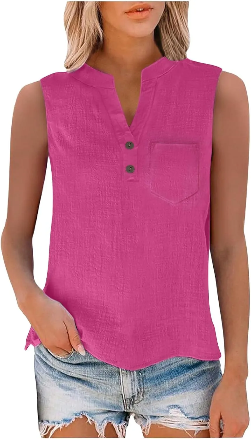 2025 Summer V Neck Button Down Cotton Linen Tank Top for Women Trendy Casual Sleeveless Shirt Beach Vacation Camisole Outfit