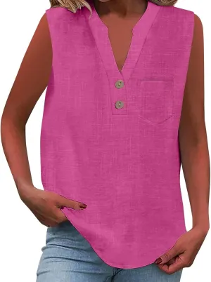 2025 Summer V Neck Button Down Cotton Linen Tank Top for Women Trendy Casual Sleeveless Shirt Beach Vacation Camisole Outfit
