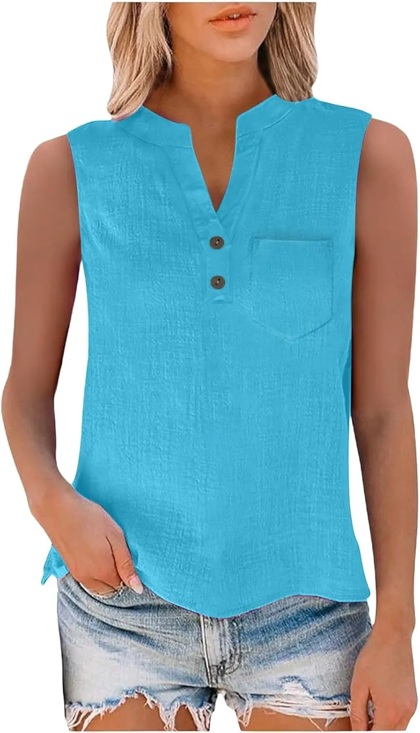 2025 Summer V Neck Button Down Cotton Linen Tank Top for Women Trendy Casual Sleeveless Shirt Beach Vacation Camisole Outfit
