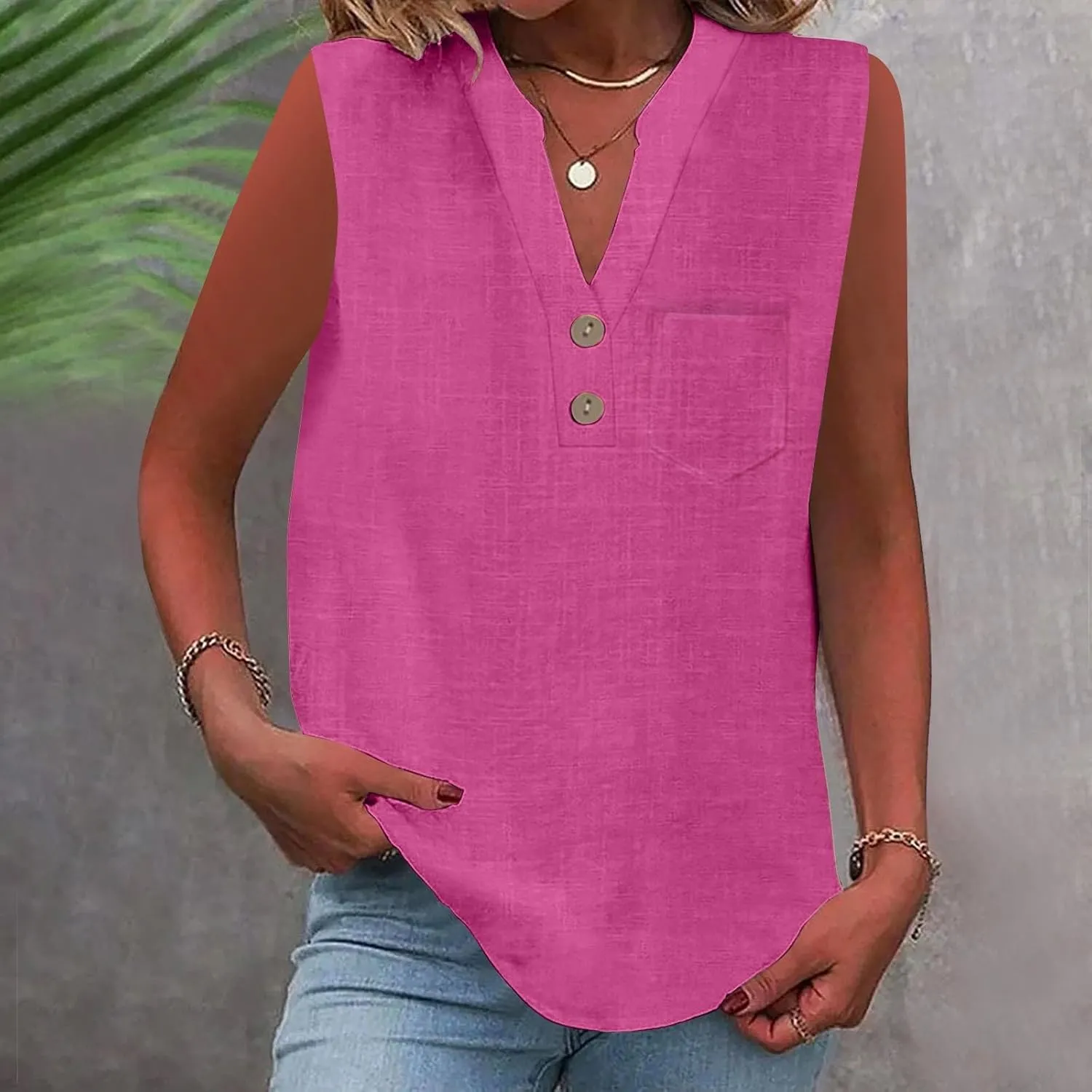 2025 Summer V Neck Button Down Cotton Linen Tank Top for Women Trendy Casual Sleeveless Shirt Beach Vacation Camisole Outfit