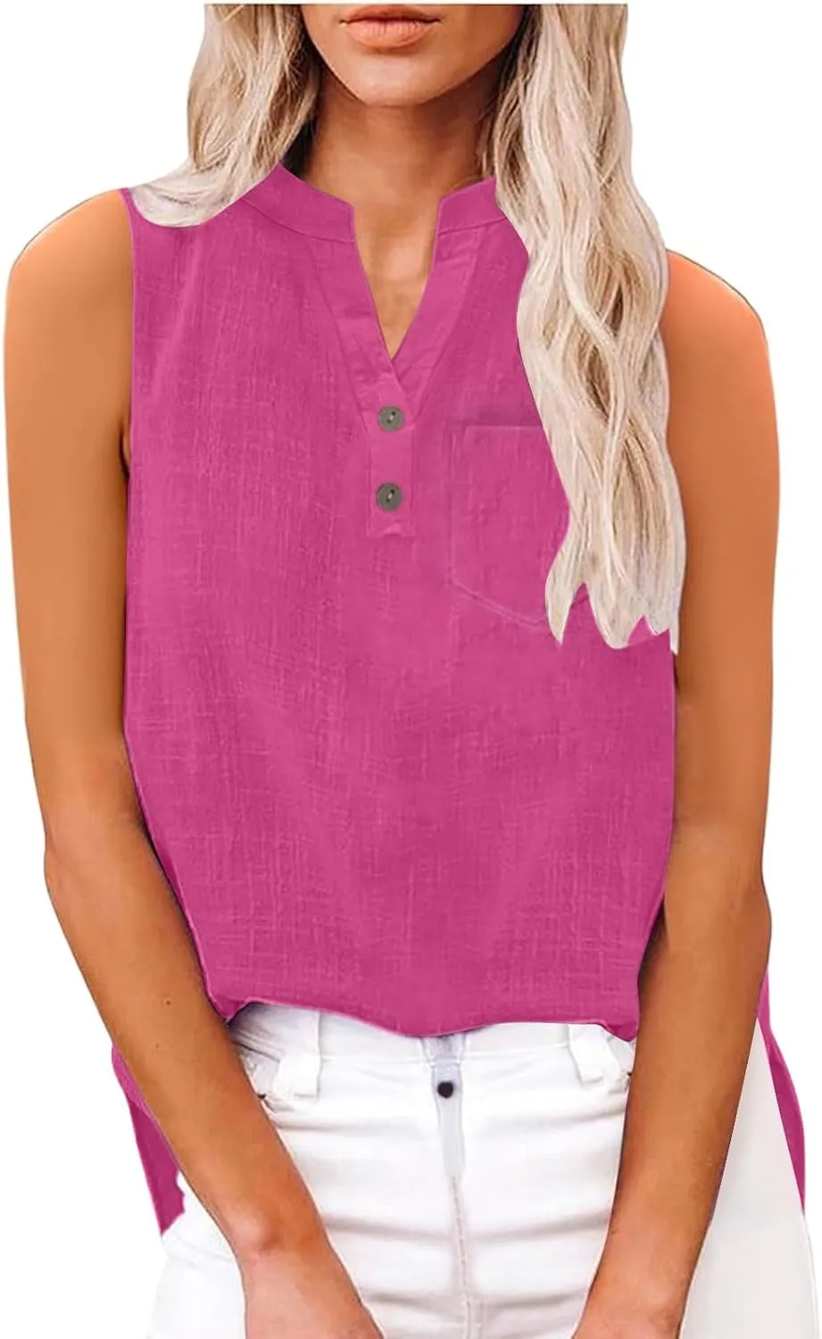 2025 Summer V Neck Button Down Cotton Linen Tank Top for Women Trendy Casual Sleeveless Shirt Beach Vacation Camisole Outfit