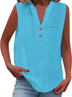 2025 Summer V Neck Button Down Cotton Linen Tank Top for Women Trendy Casual Sleeveless Shirt Beach Vacation Camisole Outfit