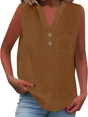 2025 Summer V Neck Button Down Cotton Linen Tank Top for Women Trendy Casual Sleeveless Shirt Beach Vacation Camisole Outfit