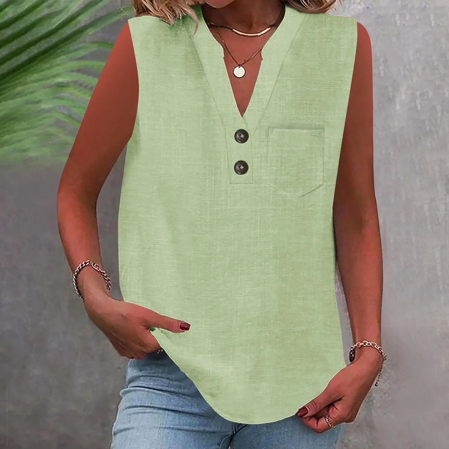 2025 Summer V Neck Button Down Cotton Linen Tank Top for Women Trendy Casual Sleeveless Shirt Beach Vacation Camisole Outfit