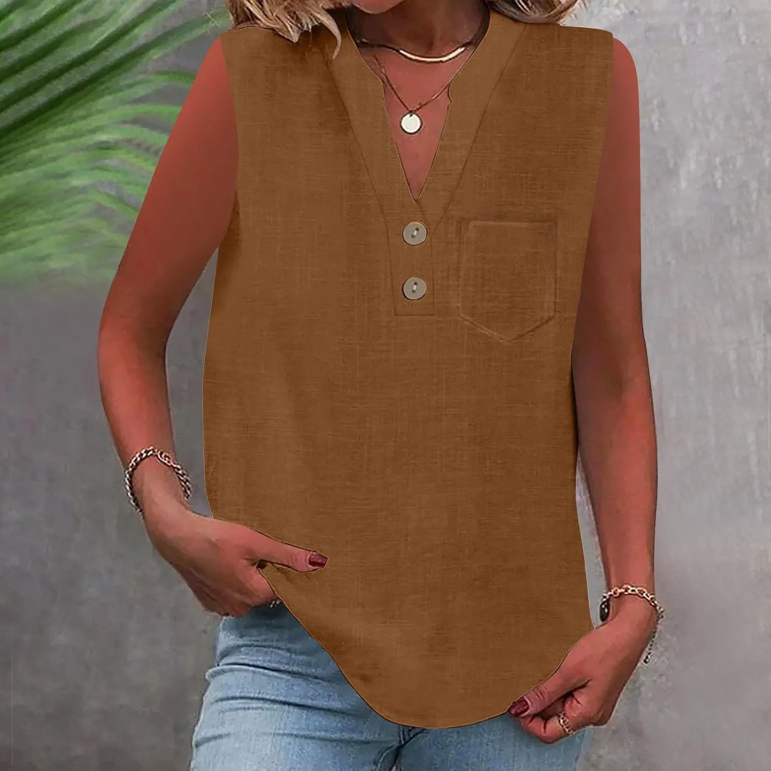 2025 Summer V Neck Button Down Cotton Linen Tank Top for Women Trendy Casual Sleeveless Shirt Beach Vacation Camisole Outfit