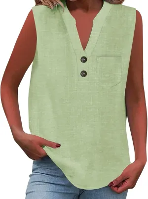 2025 Summer V Neck Button Down Cotton Linen Tank Top for Women Trendy Casual Sleeveless Shirt Beach Vacation Camisole Outfit