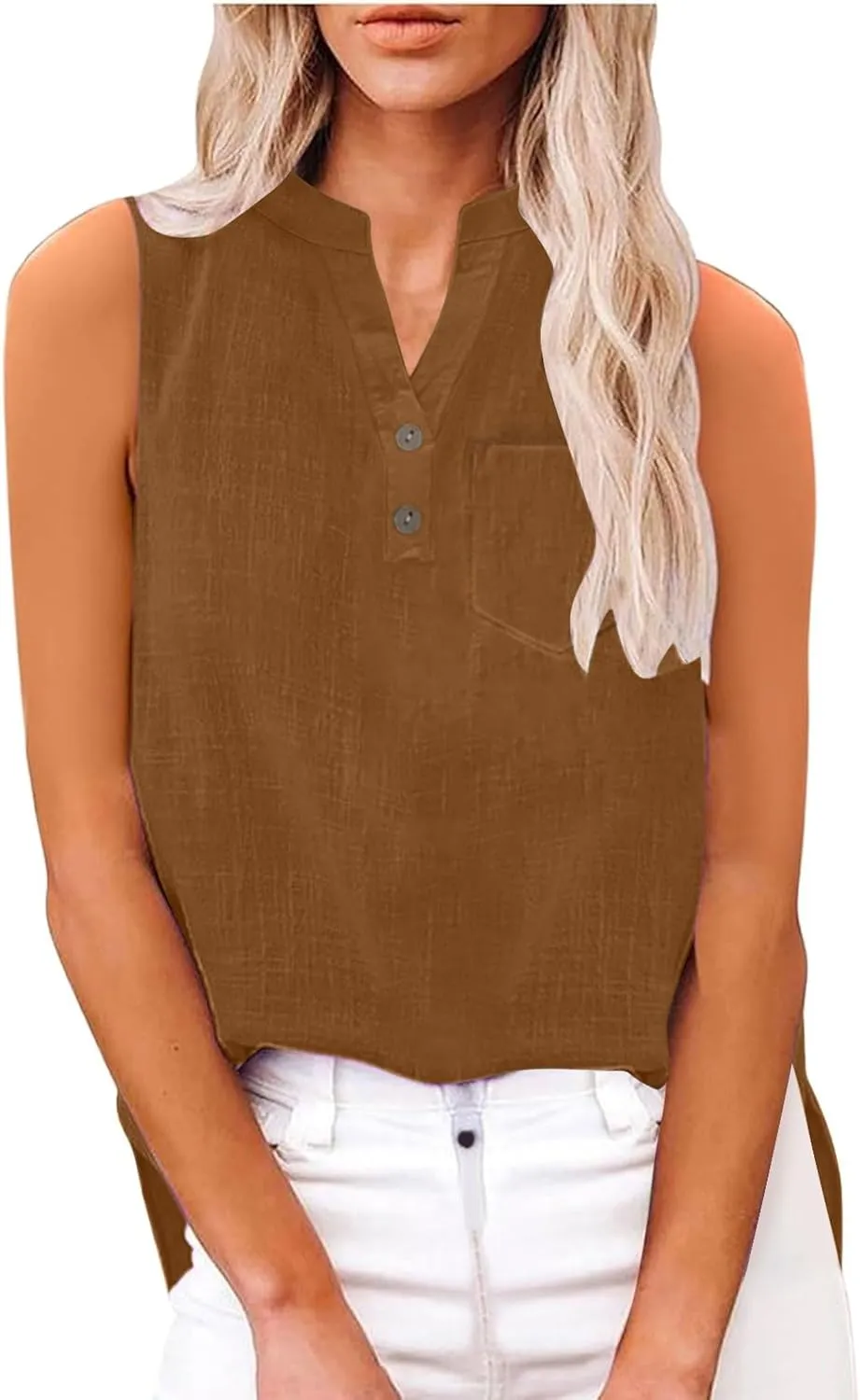 2025 Summer V Neck Button Down Cotton Linen Tank Top for Women Trendy Casual Sleeveless Shirt Beach Vacation Camisole Outfit