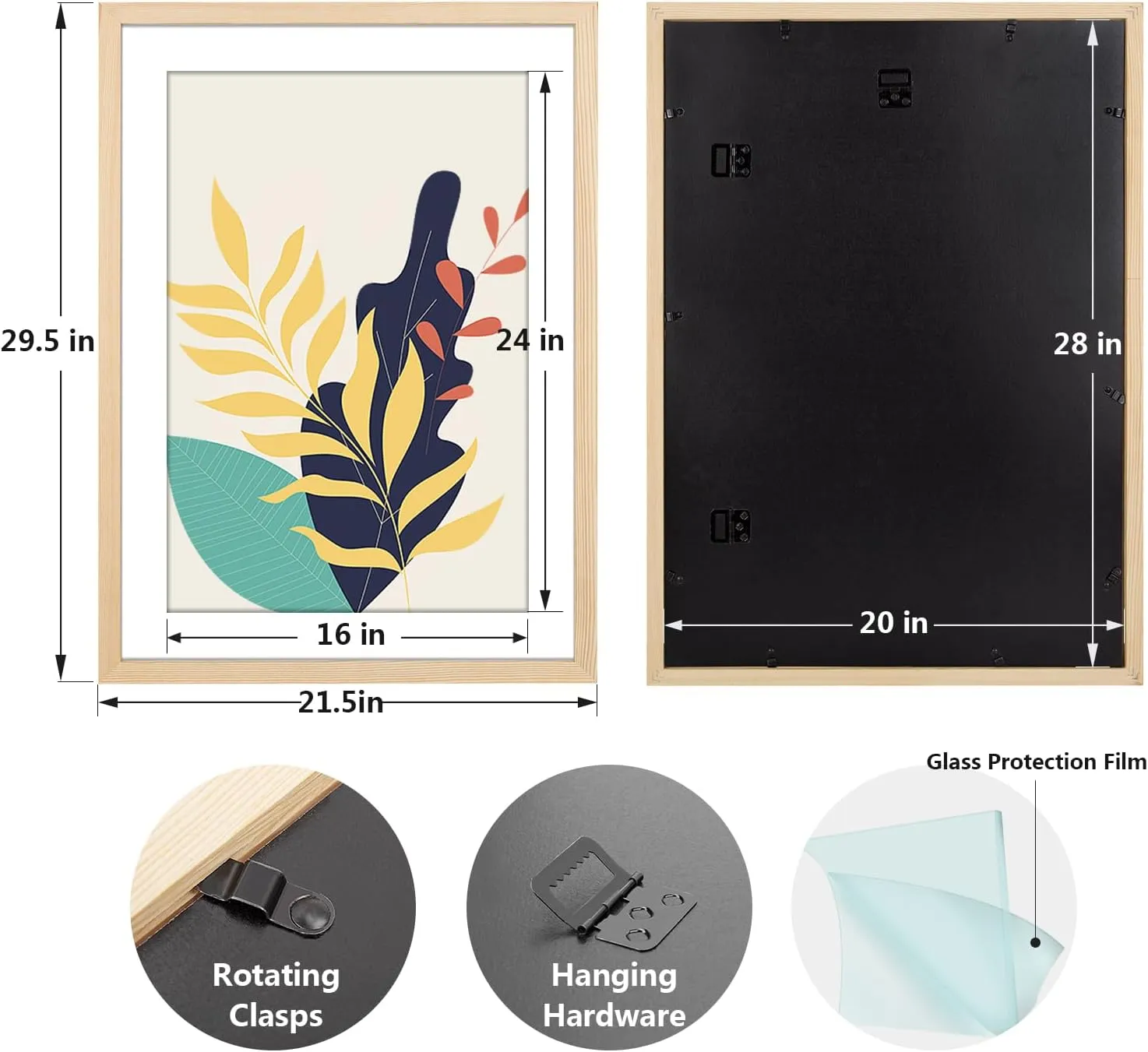 20x28 Poster Frame,Natural Soild Wood Picture Frames with Polished Plexiglass,Easy to Hang,Display Picture 20x28 without Mat or 16x24 with Mat for Wall Mounting Horizontally and Vertically (Natural