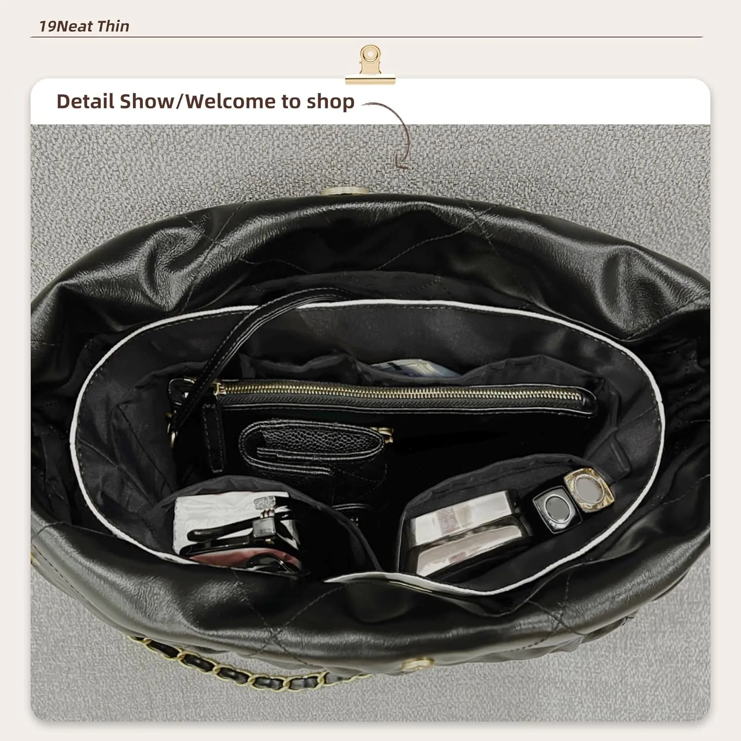 22 Bag Organizer Insert, Lightweight Bag Insert Compatible with Chanel 22, Waterproof Surface and Silky Satin Lining (Black, Small)