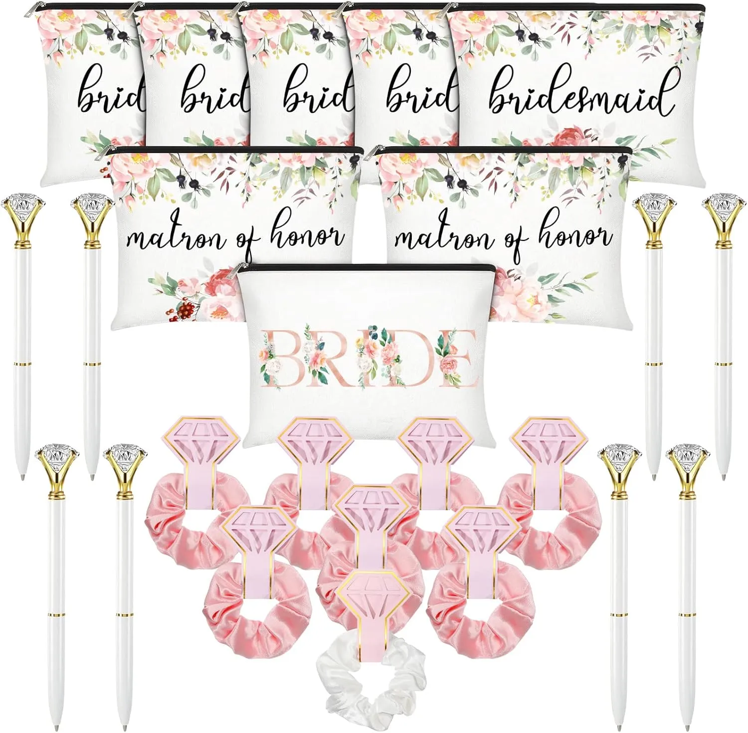 24 Pcs Bridesmaid Gifts Set Include 8 Brides Bridesmaid Canvas Makeup Bags Matron of Honor Bag 8 Hair Scrunchies Satin Hair Band 8 Diamond Pen for Bridal Shower Wedding (Pink, White, Floral)