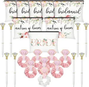 24 Pcs Bridesmaid Gifts Set Include 8 Brides Bridesmaid Canvas Makeup Bags Matron of Honor Bag 8 Hair Scrunchies Satin Hair Band 8 Diamond Pen for Bridal Shower Wedding (Pink, White, Floral)