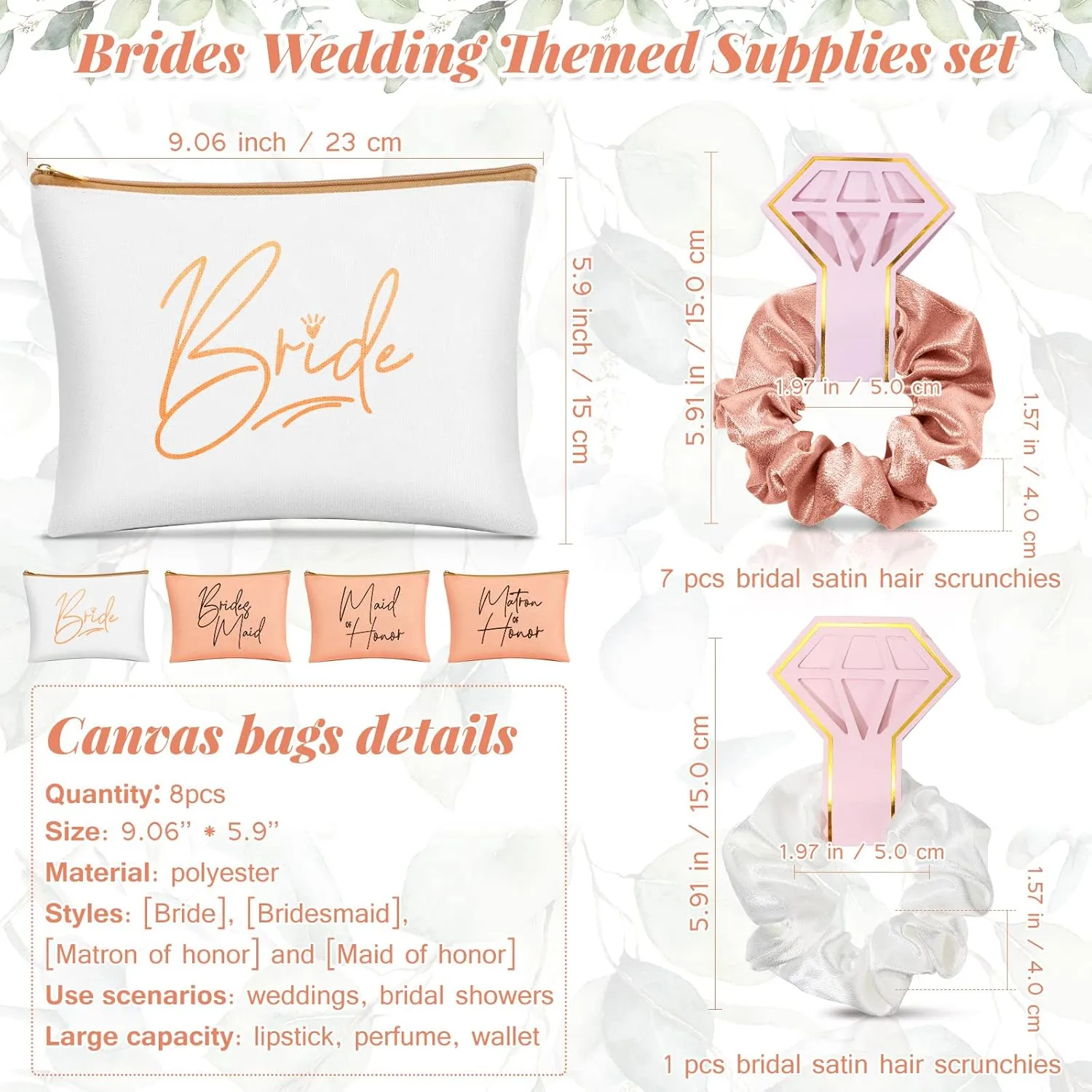 24 Pieces Bridesmaid Proposal Gifts Wedding Makeup Bag Gift Set Includes 8 Bridesmaid Makeup Bags 8 Satin Hair Scrunchies 8 Bridesmaid Compact Mirrors(Fresh Pattern)