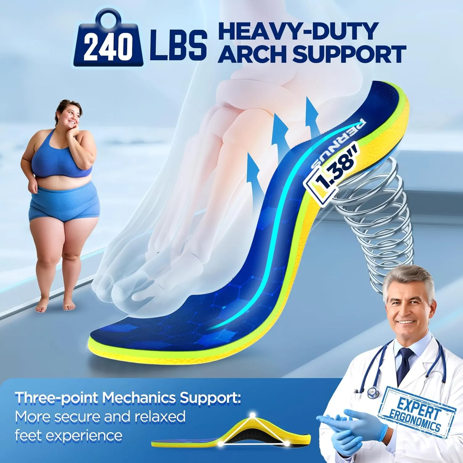 240 lbs Plantar Fasciitis Relief Insoles Men, Comfort PORON Shoe Inserts for Women, Heavy Duty High Arch Support Inserts for Pain Relief Absorb Shock (Blue, XL (Men 11-13.5)-310mm)