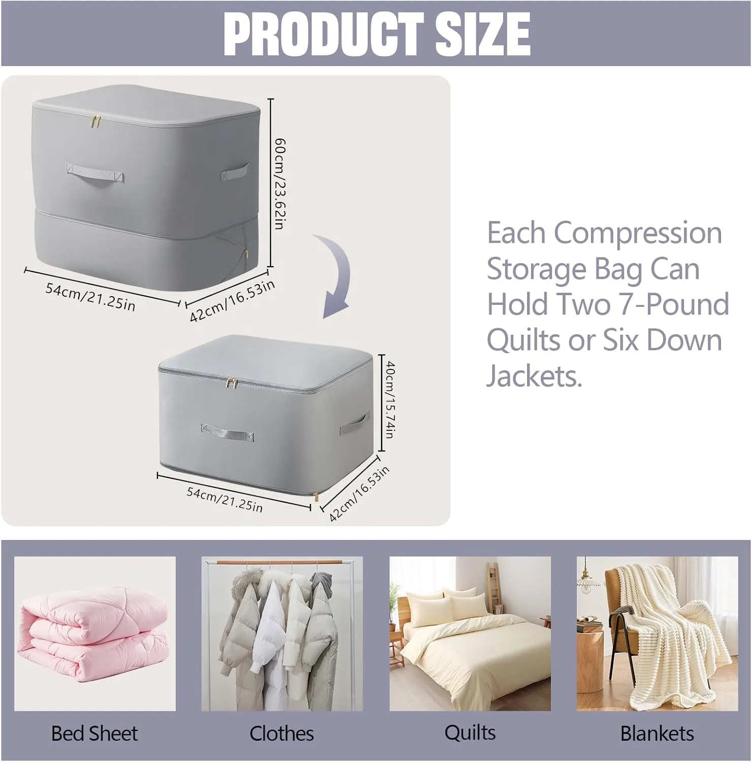 2pcs Grey X Large Capacity Ultra Space Saving Self Compression Organizer,Clothing Comforter Storage Bag with Zipper, Blanket Storage Bags for Space Saver,Moving Bags for Comforters,Bedding,Clothes