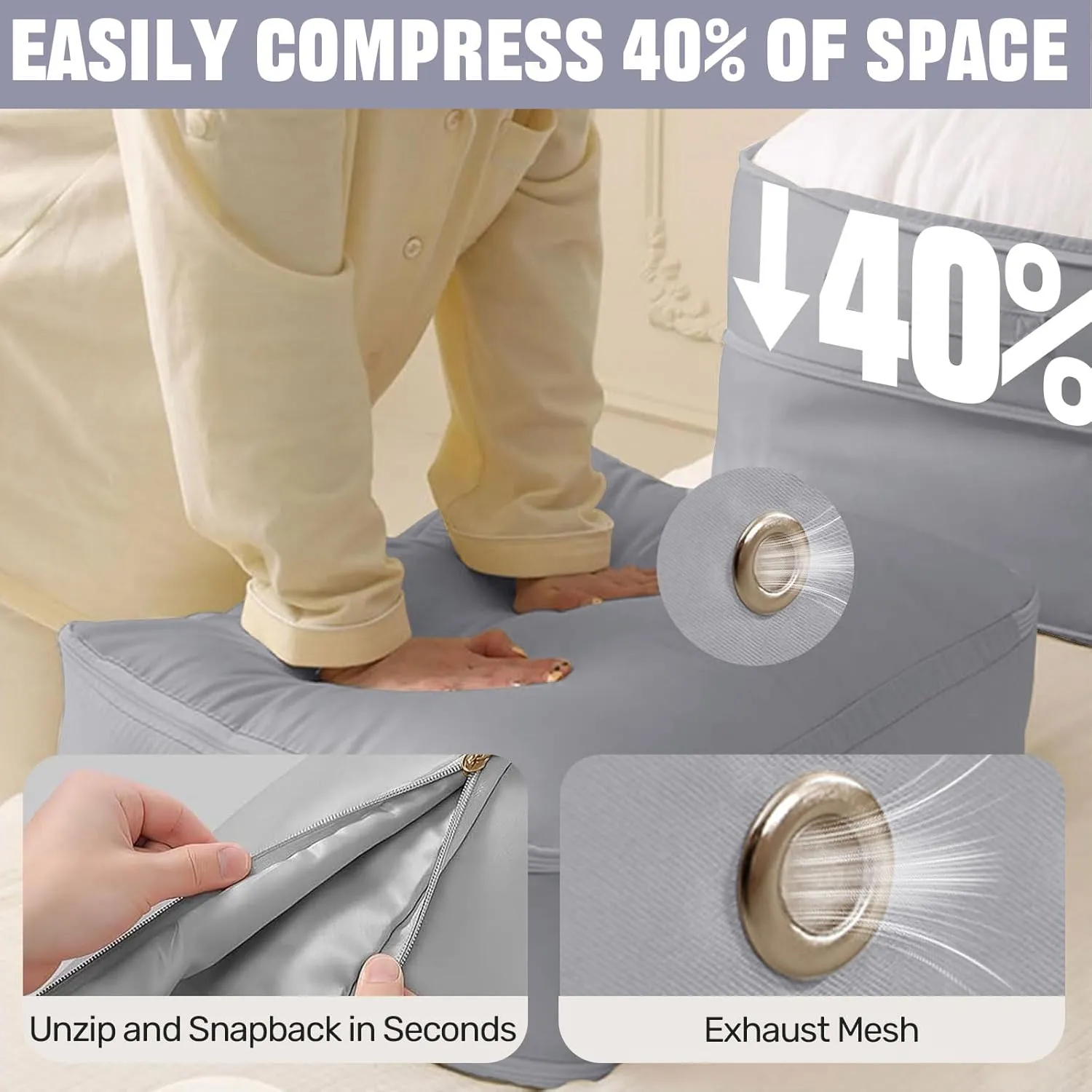 2pcs Grey X Large Capacity Ultra Space Saving Self Compression Organizer,Clothing Comforter Storage Bag with Zipper, Blanket Storage Bags for Space Saver,Moving Bags for Comforters,Bedding,Clothes