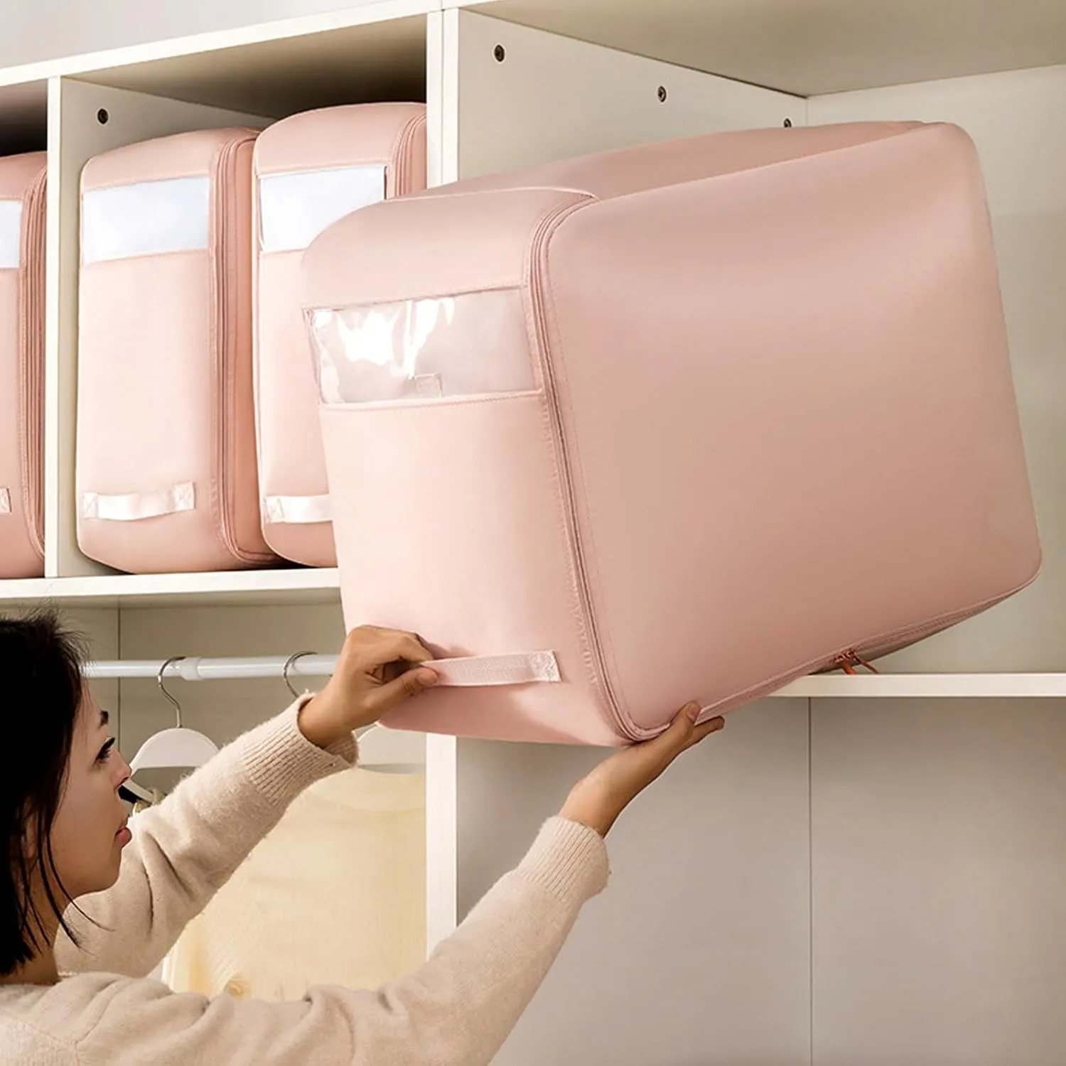 2pcs Ultra Space Saving Self Compression Organizer,compression storage bags for bedding, compression bags for storage, Moving Organizer Bags With visual window(Pink,54 * 42 * 50cm)