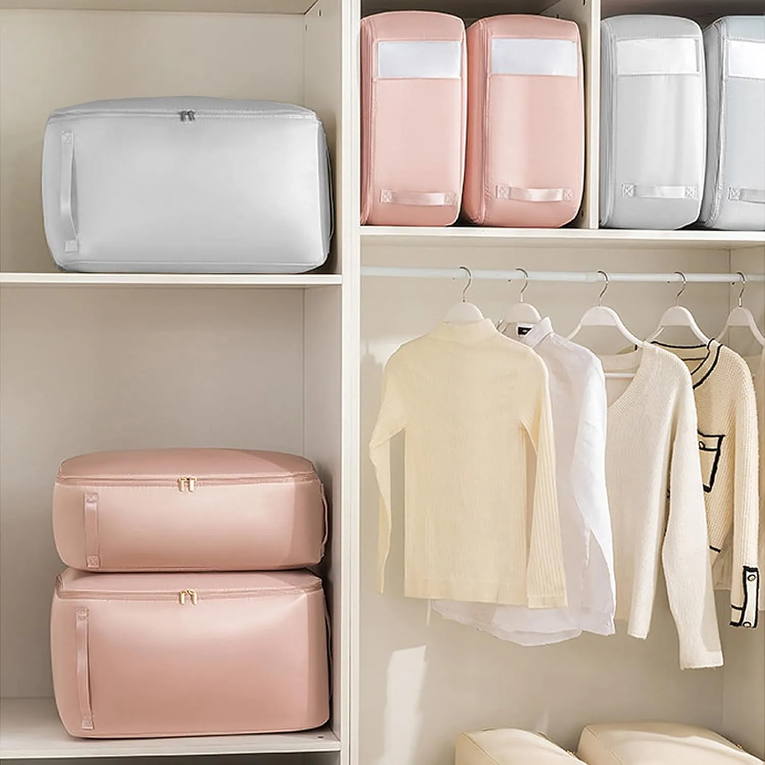 2pcs Ultra Space Saving Self Compression Organizer,compression storage bags for bedding, compression bags for storage, Moving Organizer Bags With visual window(Pink,54 * 42 * 50cm)