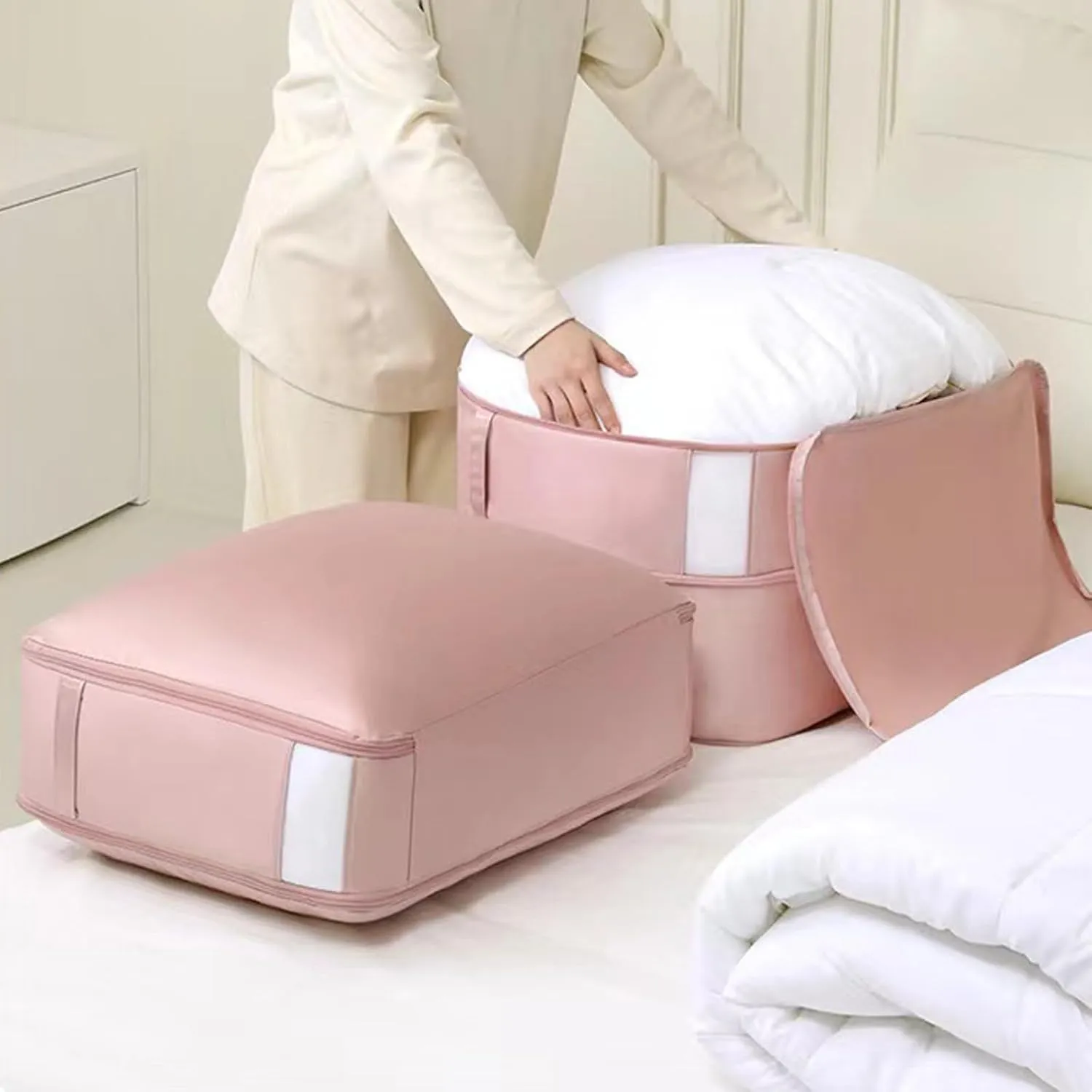 2pcs Ultra Space Saving Self Compression Organizer,compression storage bags for bedding, compression bags for storage, Moving Organizer Bags With visual window(Pink,54 * 42 * 50cm)