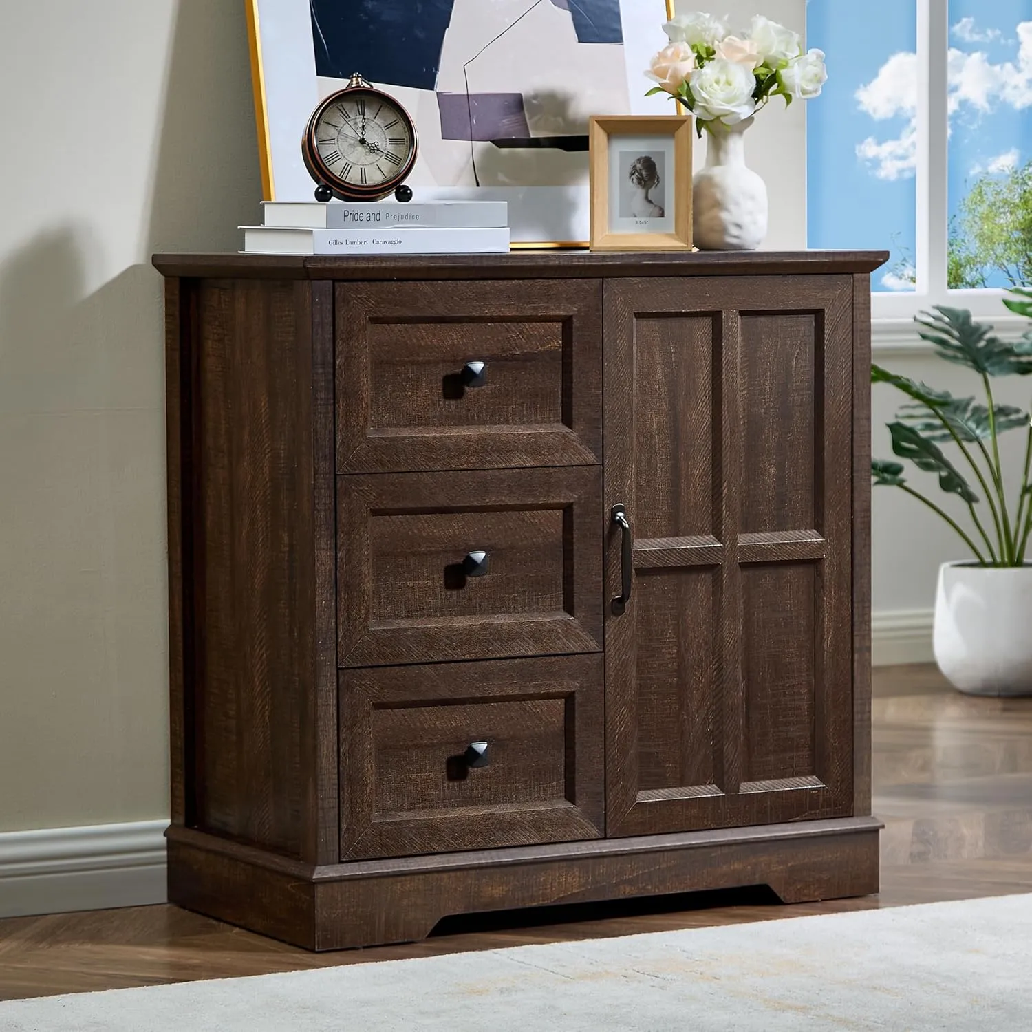 3 1 Dresser for Bedroom, Cherry Dressers Storage with Wooden Drawers and Cross Door, TV Stand Chest of Drawers for Bedroom, Living Room