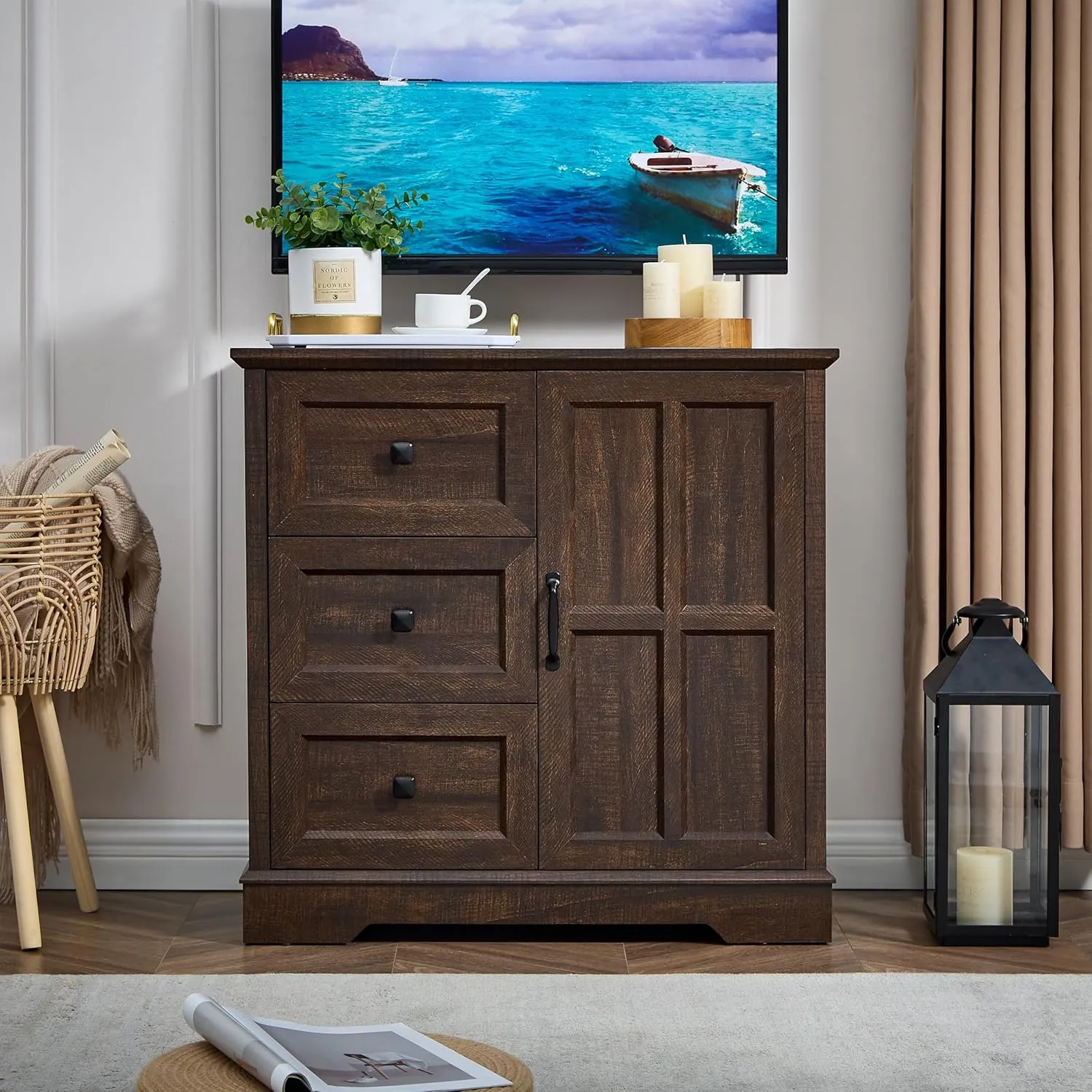 3 1 Dresser for Bedroom, Cherry Dressers Storage with Wooden Drawers and Cross Door, TV Stand Chest of Drawers for Bedroom, Living Room
