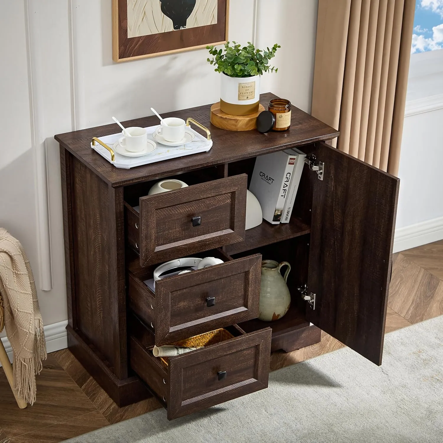 3 1 Dresser for Bedroom, Cherry Dressers Storage with Wooden Drawers and Cross Door, TV Stand Chest of Drawers for Bedroom, Living Room