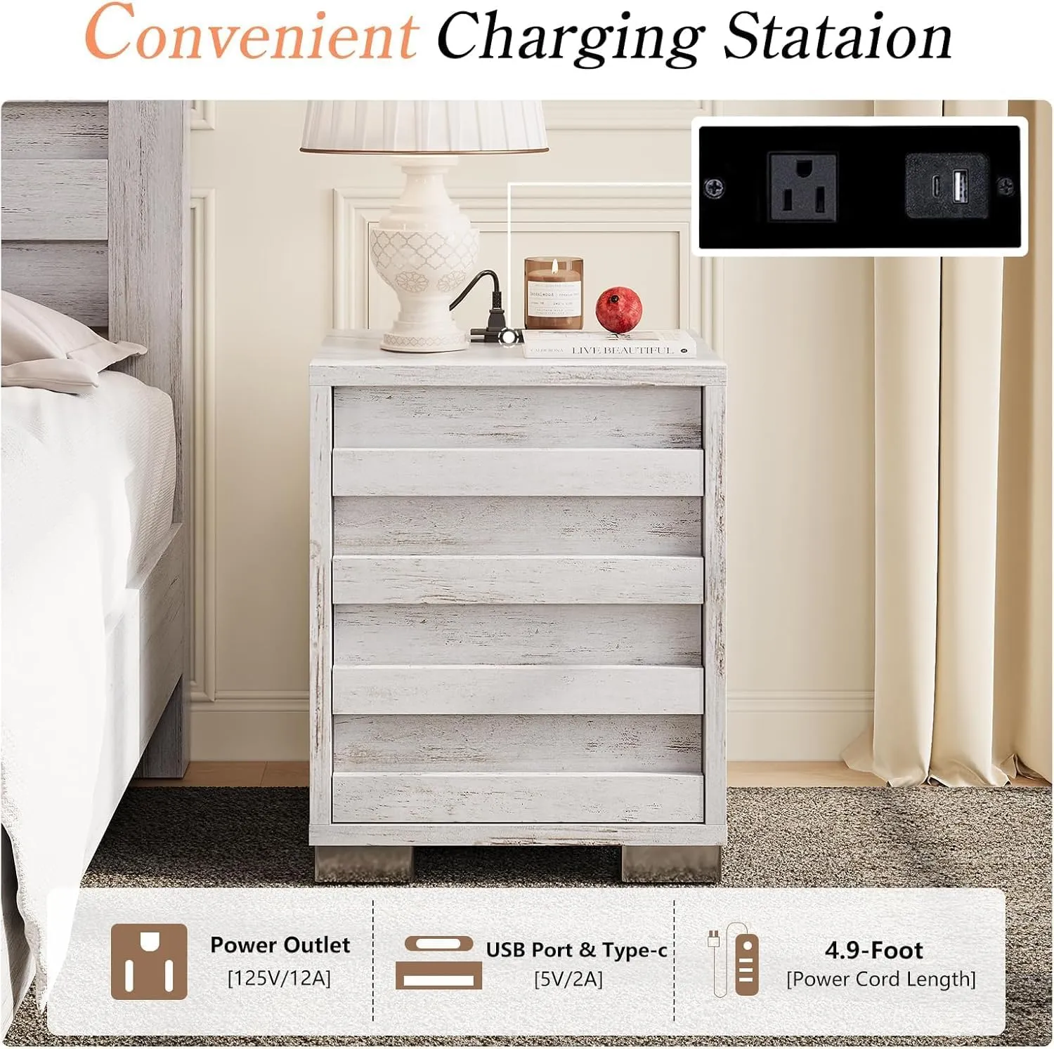 3 Pcs Bedroom Furniture Sets, Farmhouse King Size Bed Frame with 49" Tall Headboard and Nightstand Sets of 2 with Charging Station, Slated Handles & Stainless Steel Feet, Distressed White