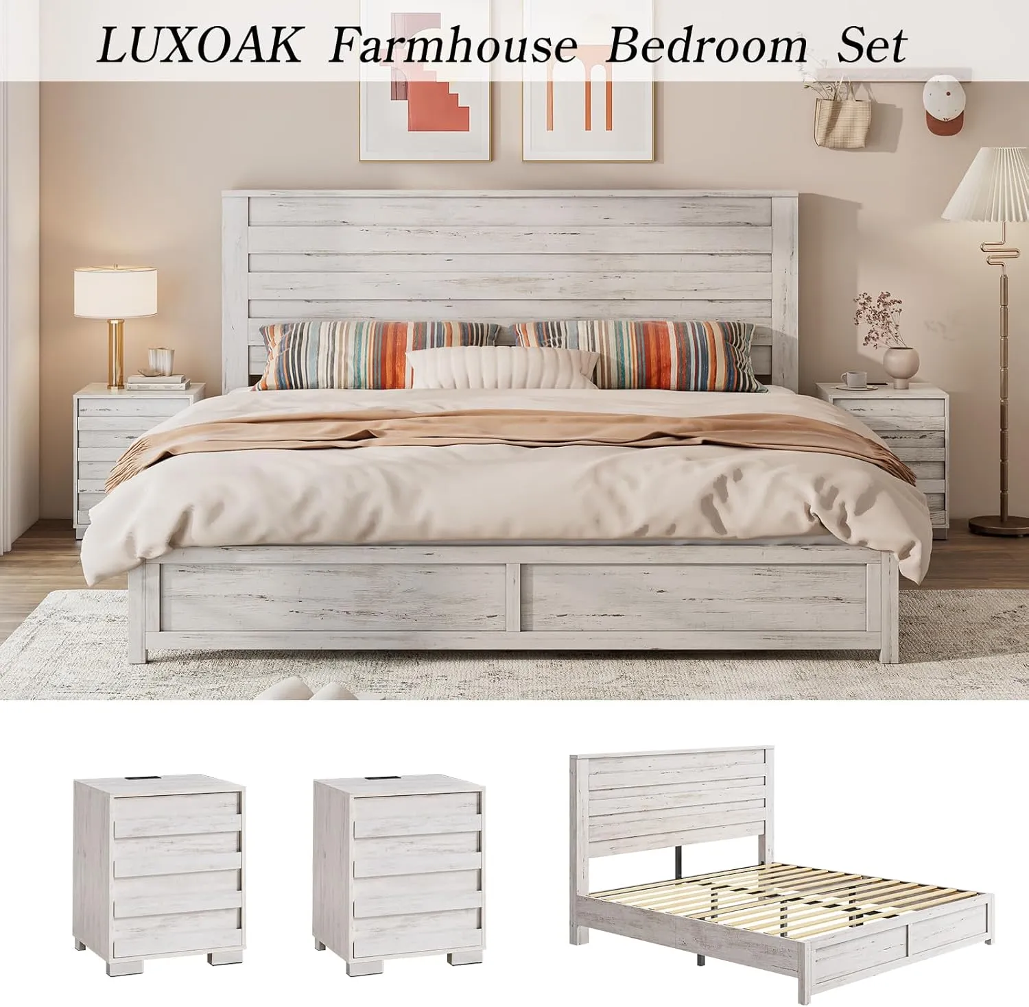 3 Pcs Bedroom Furniture Sets, Farmhouse King Size Bed Frame with 49" Tall Headboard and Nightstand Sets of 2 with Charging Station, Slated Handles & Stainless Steel Feet, Distressed White