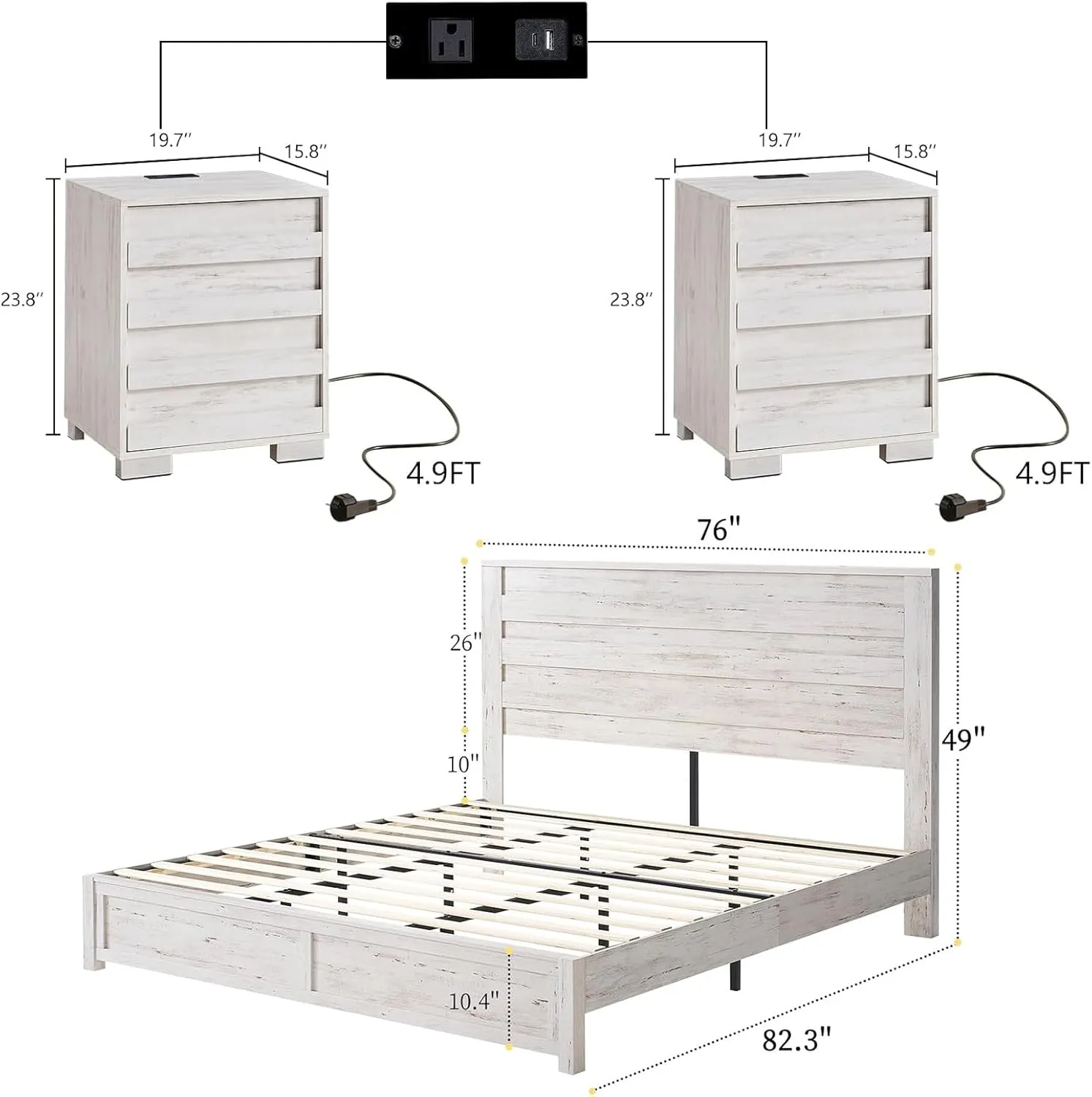 3 Pcs Bedroom Furniture Sets, Farmhouse King Size Bed Frame with 49" Tall Headboard and Nightstand Sets of 2 with Charging Station, Slated Handles & Stainless Steel Feet, Distressed White
