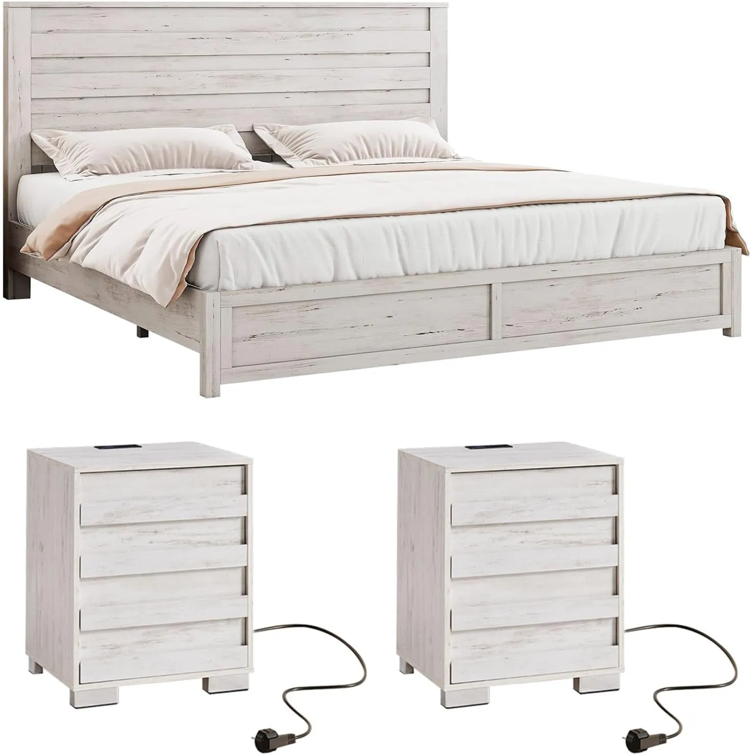3 Pcs Bedroom Furniture Sets, Farmhouse King Size Bed Frame with 49" Tall Headboard and Nightstand Sets of 2 with Charging Station, Slated Handles & Stainless Steel Feet, Distressed White
