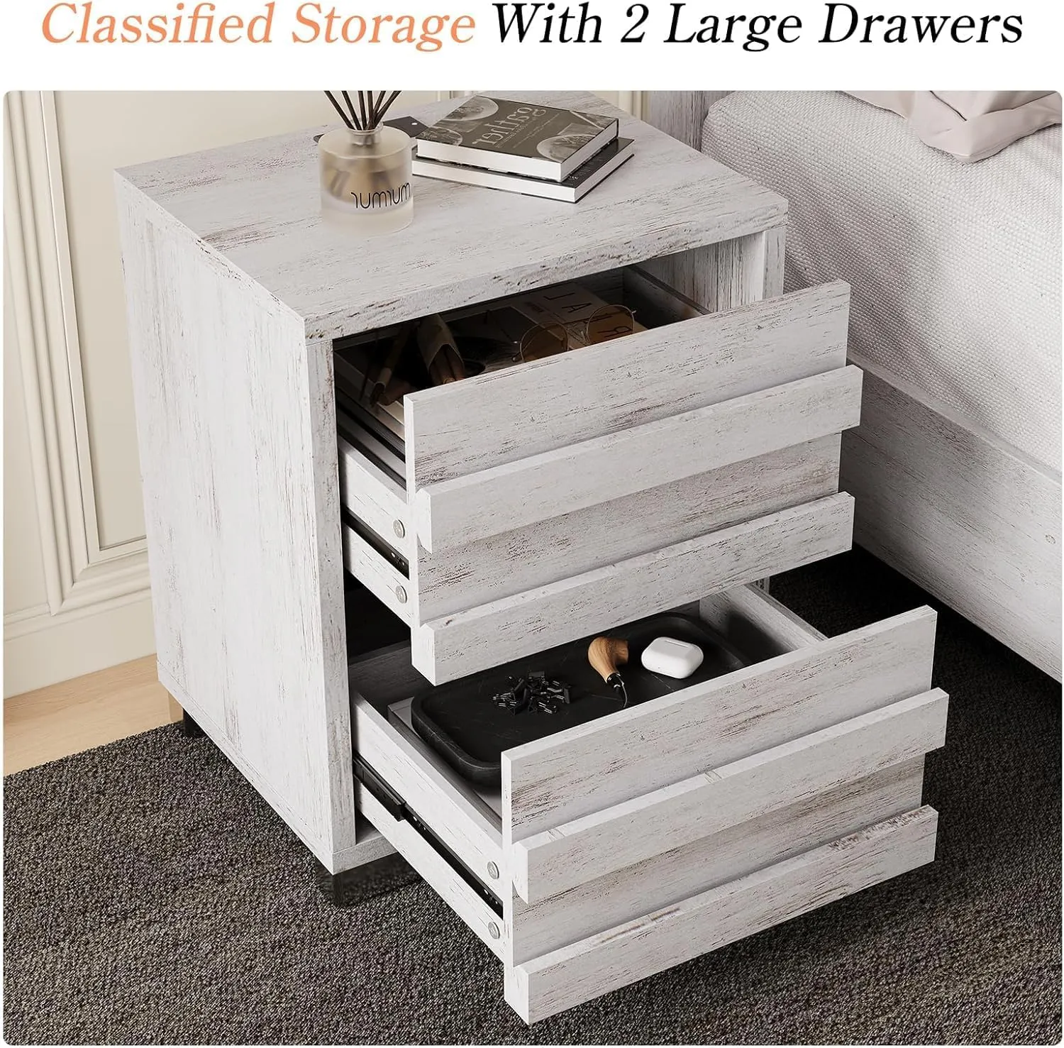 3 Pcs Bedroom Furniture Sets, Farmhouse King Size Bed Frame with 49" Tall Headboard and Nightstand Sets of 2 with Charging Station, Slated Handles & Stainless Steel Feet, Distressed White