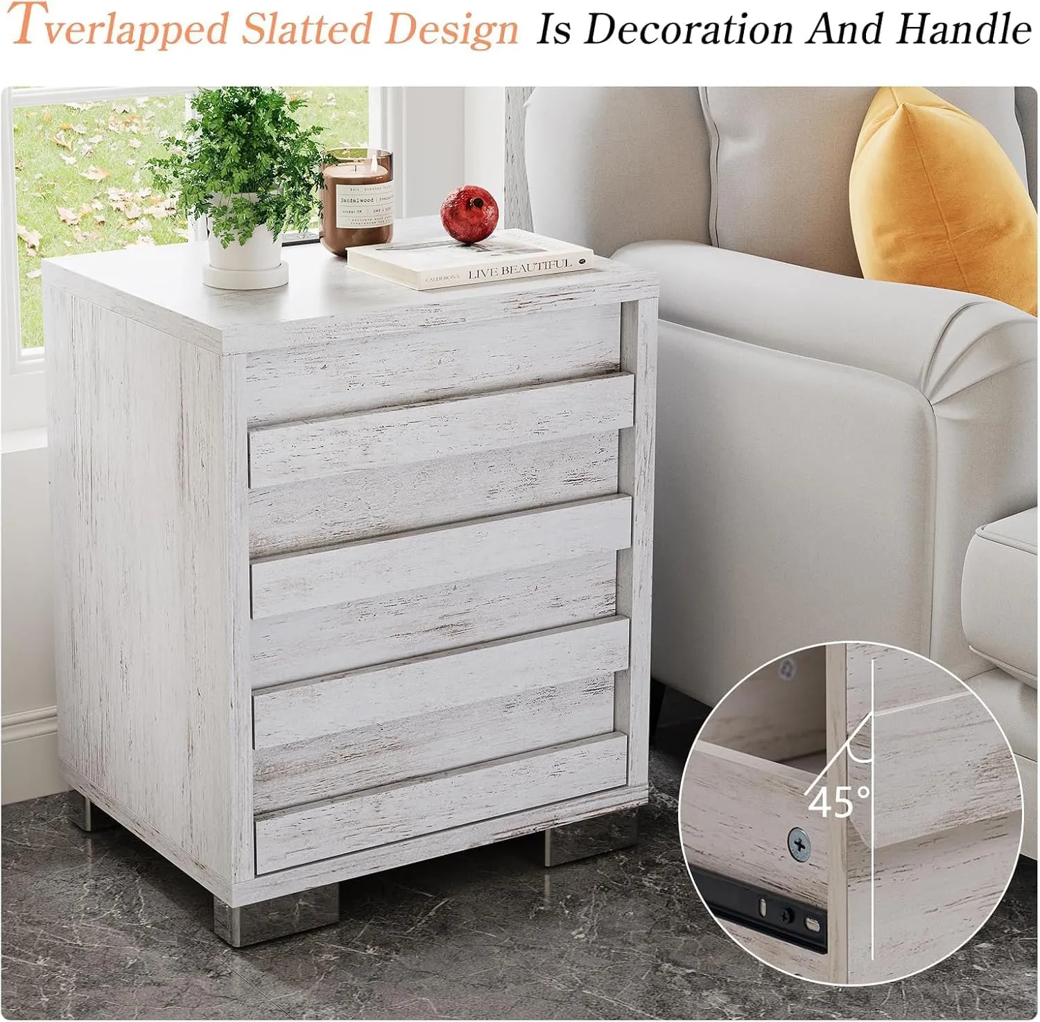 3 Pcs Bedroom Furniture Sets, Farmhouse King Size Bed Frame with 49" Tall Headboard and Nightstand Sets of 2 with Charging Station, Slated Handles & Stainless Steel Feet, Distressed White
