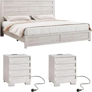 3 Pcs Bedroom Furniture Sets, Farmhouse King Size Bed Frame with 49" Tall Headboard and Nightstand Sets of 2 with Charging Station, Slated Handles & Stainless Steel Feet, Distressed White