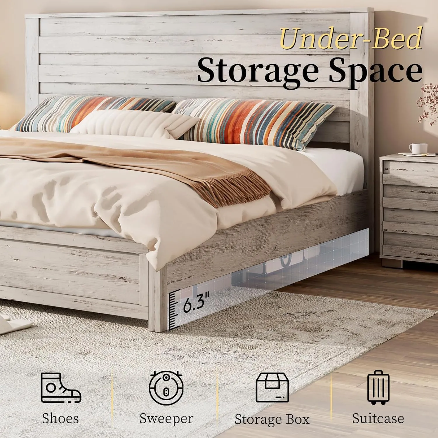 3 Pcs Bedroom Furniture Sets, Farmhouse King Size Bed Frame with 49" Tall Headboard and Nightstand Sets of 2 with Charging Station, Slated Handles & Stainless Steel Feet, Distressed White