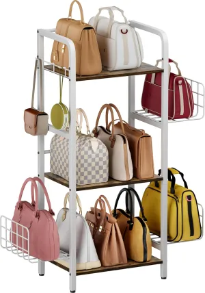 3-Tier Purse Organizer Rack, Iron & Wood Floor-Standing Bag Storage Holder with Adjustable Side Basket and Hook Handbag Organizers Display Stand Shelf for Closet, Bedroom, Entryway, White