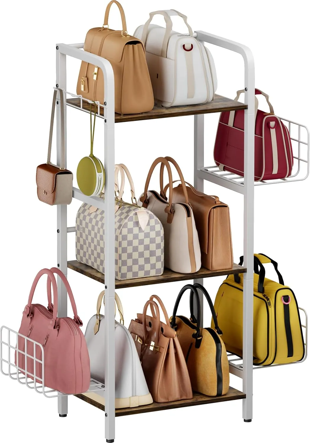 3-Tier Purse Organizer Rack, Iron & Wood Floor-Standing Bag Storage Holder with Adjustable Side Basket and Hook Handbag Organizers Display Stand Shelf for Closet, Bedroom, Entryway, White