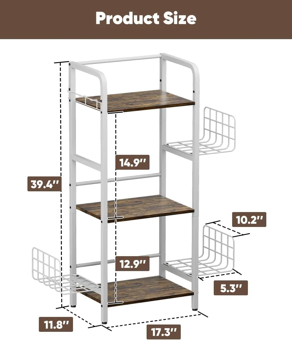 3-Tier Purse Organizer Rack, Iron & Wood Floor-Standing Bag Storage Holder with Adjustable Side Basket and Hook Handbag Organizers Display Stand Shelf for Closet, Bedroom, Entryway, White
