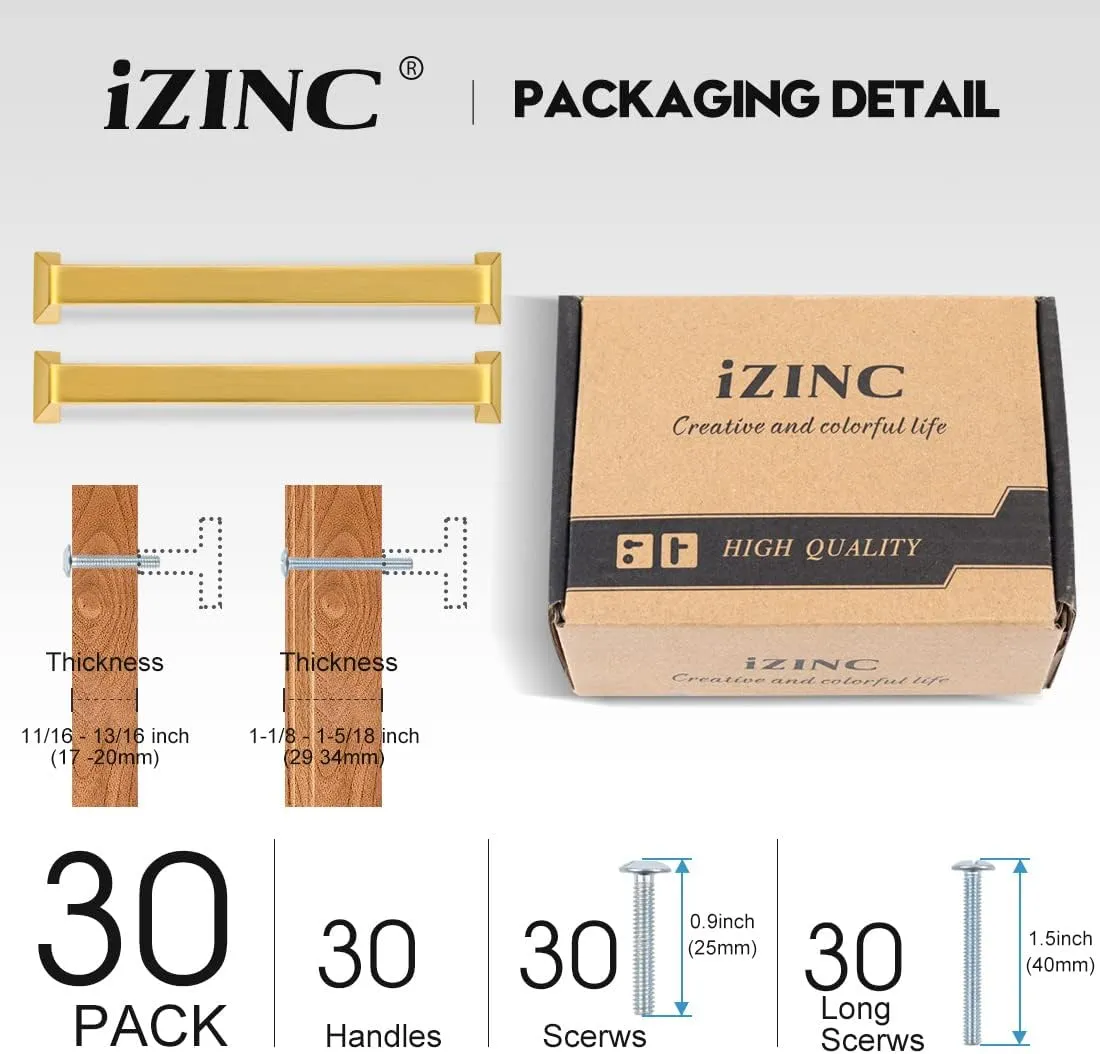 30 Pack Solid Zinc Glod Drawer Pulls, 5 Inch/128mm Brushed Gold Cabinet Pulls,Modern Dresser Handles,Kitchen Hardware for Bathroom and Cabinet