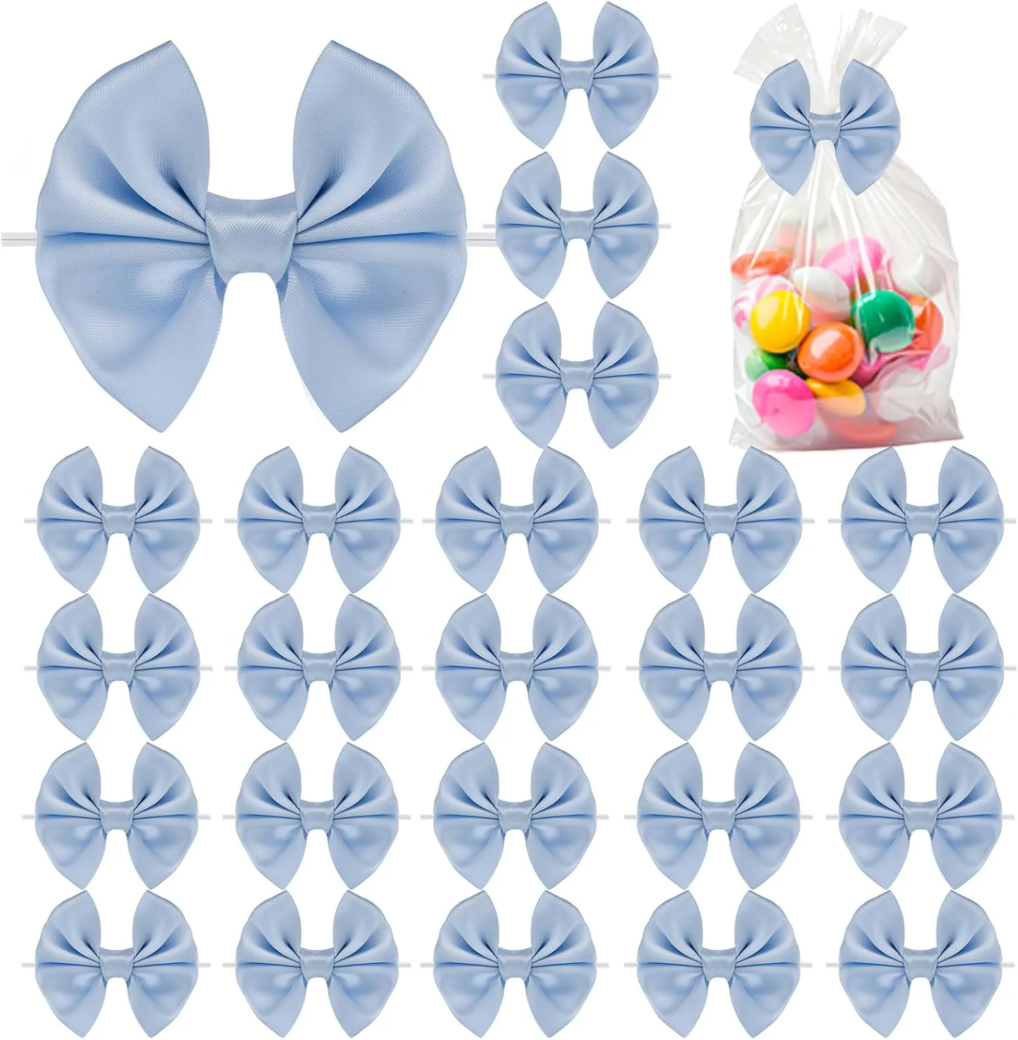 30 Pack Twist Tie Bows, Blue 3.5 inch Satin Ribbon Pretied Bows, for Craft Sewing Scrapbooking Wedding and Gift Wrapping Treat Bag Bakery Candy Bags, Home Décor