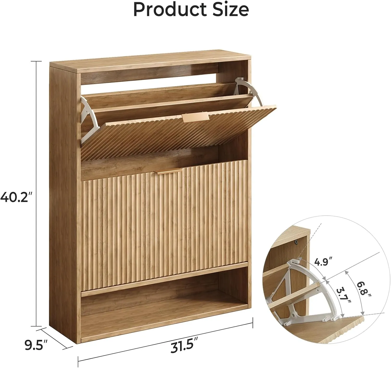 31.5''W Oak Shoe Storage Cabinet for Entryway with 2 Flip Drawers, Fluted Slim Shoe Cabinet, Free Standing Wooden Shoes Organizer for Foyer, Hallway