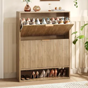 31.5''W Oak Shoe Storage Cabinet for Entryway with 2 Flip Drawers, Fluted Slim Shoe Cabinet, Free Standing Wooden Shoes Organizer for Foyer, Hallway