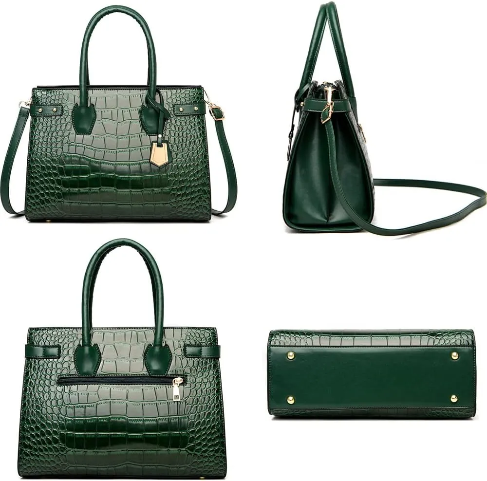 3Pcs Handbags Set for Women Classic Crocodile Pattern Faux Leather Purses Tote Bags Top Handle Handbag Wallet Clutch