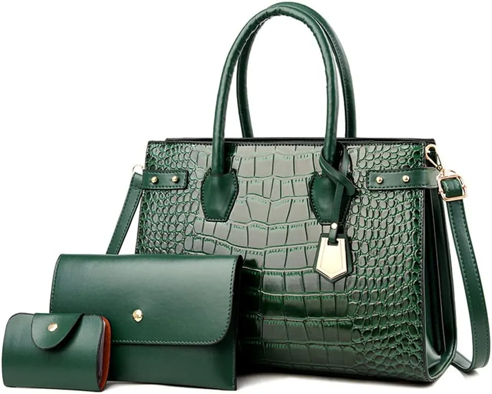 3Pcs Handbags Set for Women Classic Crocodile Pattern Faux Leather Purses Tote Bags Top Handle Handbag Wallet Clutch