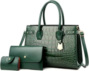 3Pcs Handbags Set for Women Classic Crocodile Pattern Faux Leather Purses Tote Bags Top Handle Handbag Wallet Clutch