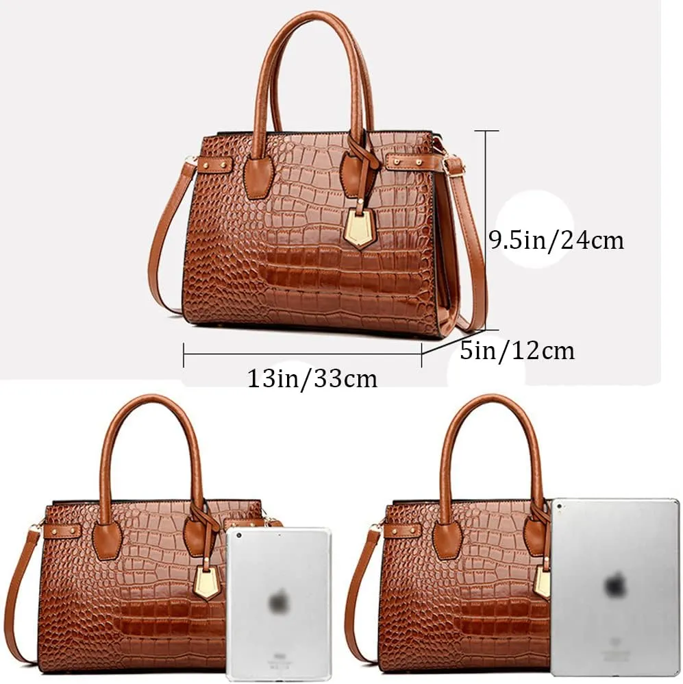 3Pcs Handbags Set for Women Classic Crocodile Pattern Faux Leather Purses Tote Bags Top Handle Handbag Wallet Clutch