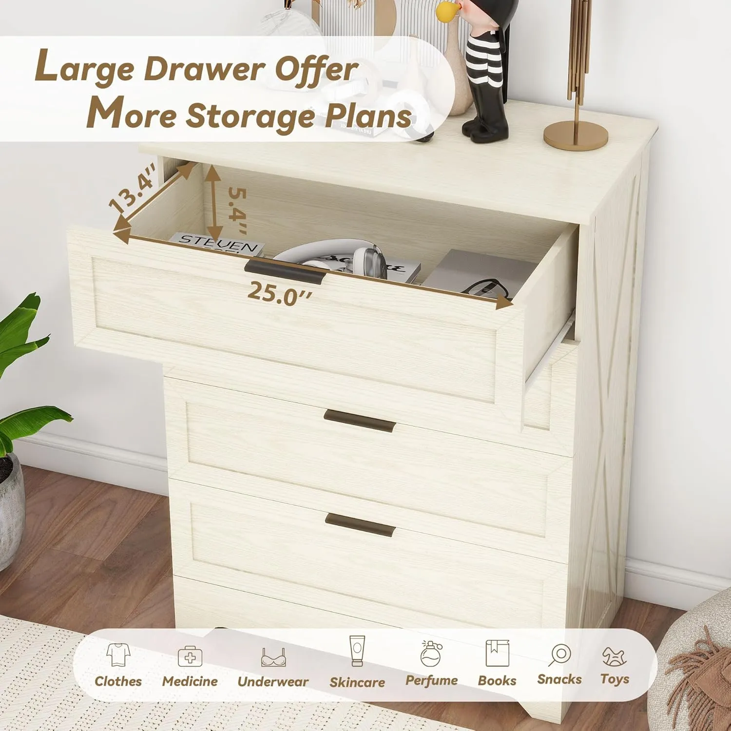 4 Drawer Dresser for Bedroom, Tall Bedroom Dresser with Large Drawer & Black Handles, Wooden Storage Organizer Cabinet Chest of Drawer for Closet, Living Room, Hallway, Light Oak